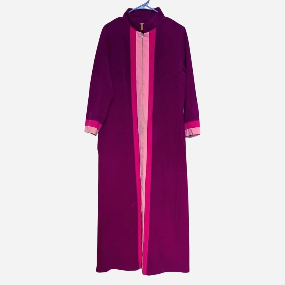 1960s-70s Vanity Fair Colorblock Mod Zip Front Maxi Robe Vintage Modern L